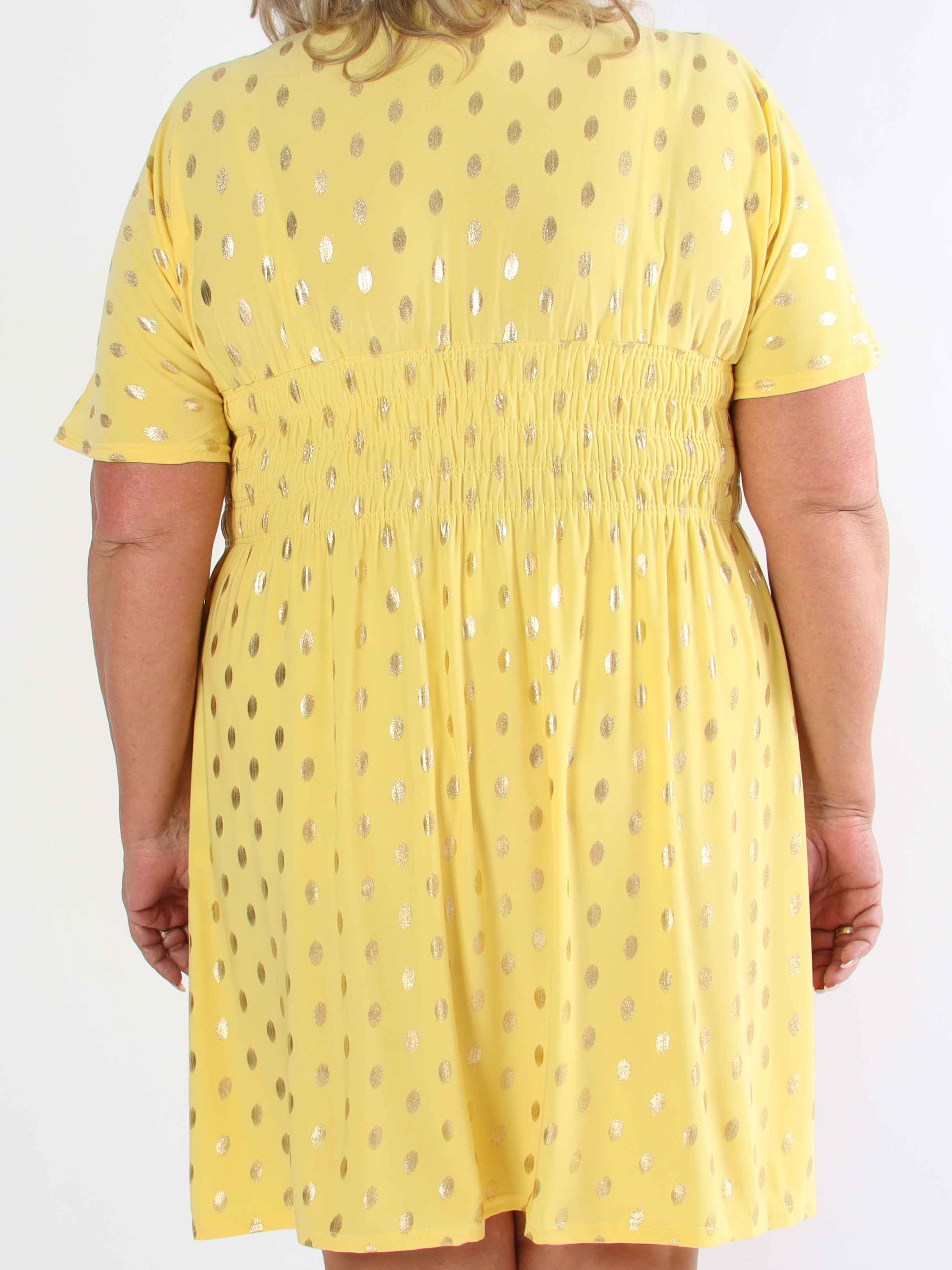 Pams Dot Short - Plus size elastisk kjole med guld prikker